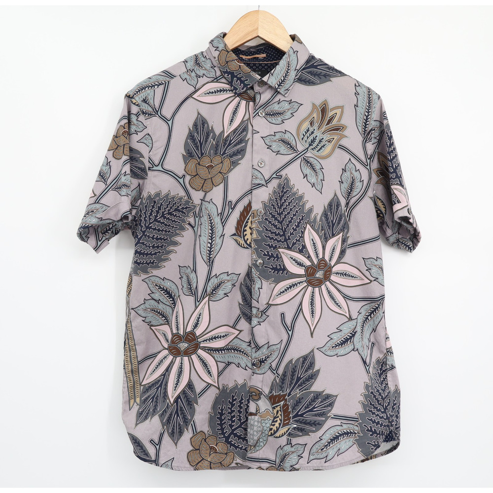 Ted Baker Gray Floral Short Sleeve Button-Down Shirt